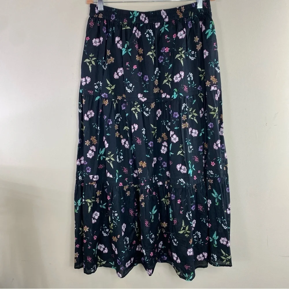 Antthony HSN Black Floral Cottagecore 100%‎ Cotton Tiered Skirt w/Pockets Sz L